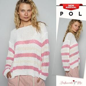 POL Striped Print Openwork Round Neck Relaxed Fit Knit Pullover Sweater | Ivory